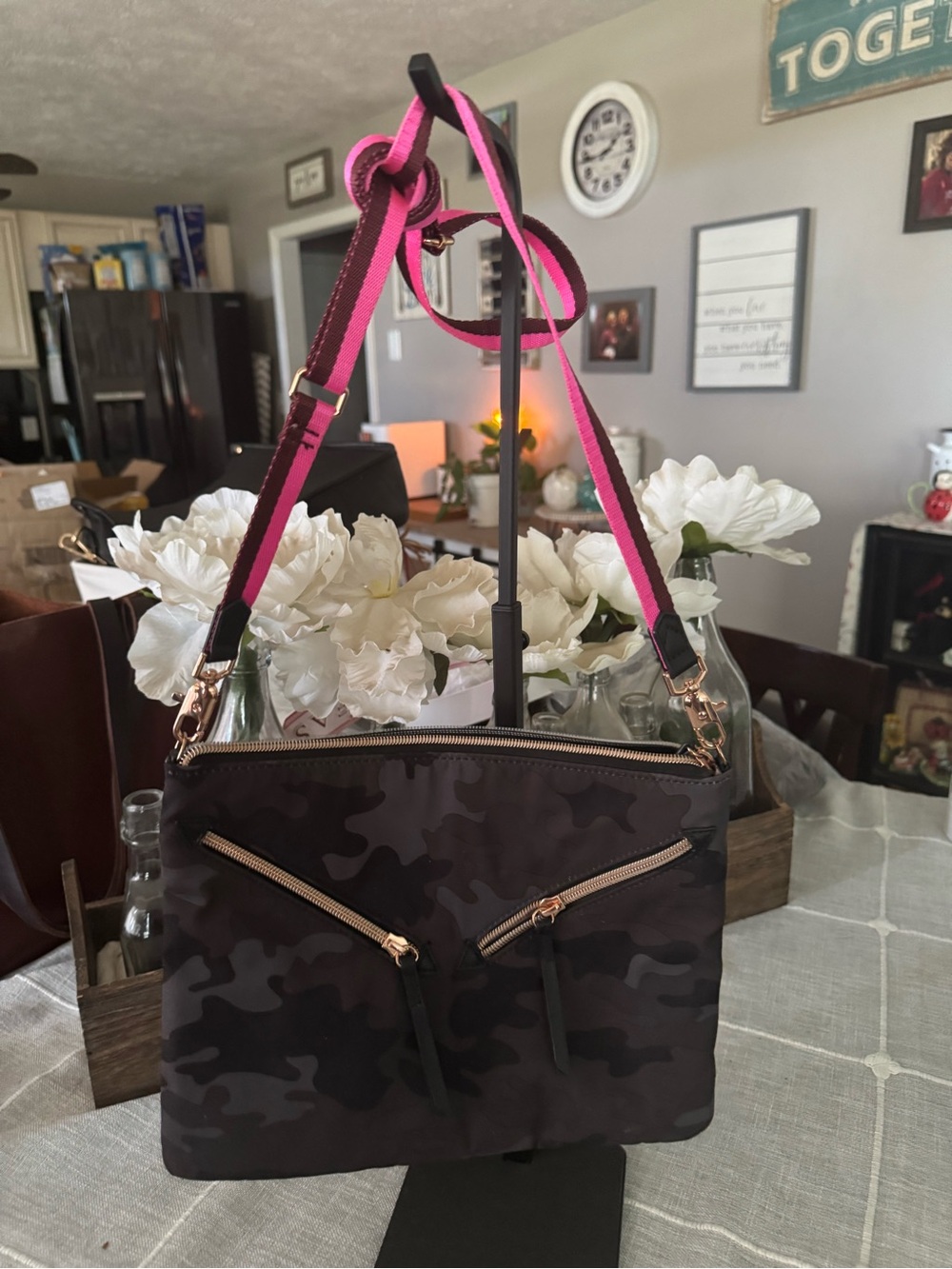 Stella & Dot Dark Camo Crossbody with Hot Pink Strap